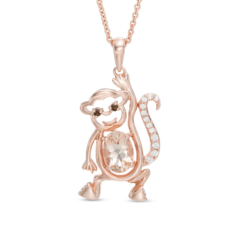 Main Image 1 of Oval Morganite, Smoky Quartz and Lab-Created White Sapphire Monkey Pendant in Sterling Silver with 14K Rose Gold Plate