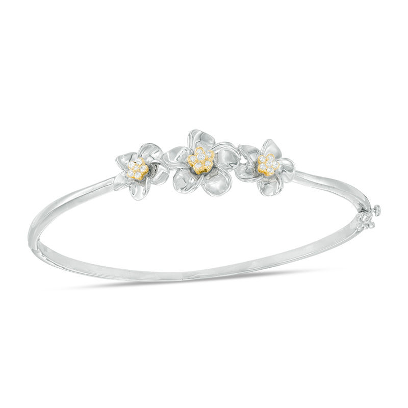 0.15 CT. T.W. Diamond Triple Pinwheel Flower Hinged Bangle in Sterling Silver and 10K Gold