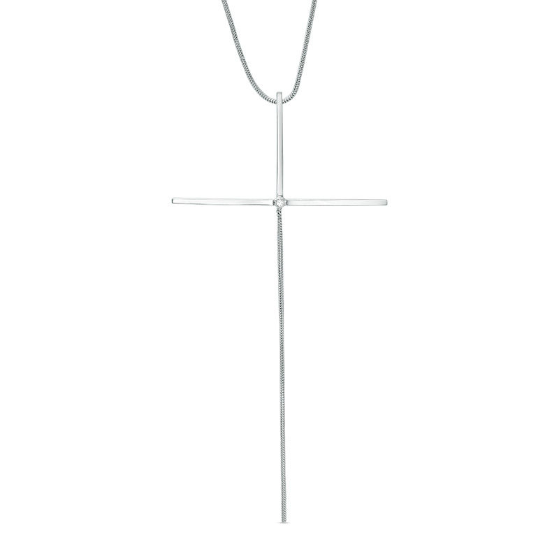 Diamond Accent Elongated Cross Pendant in Sterling Silver - 16"
