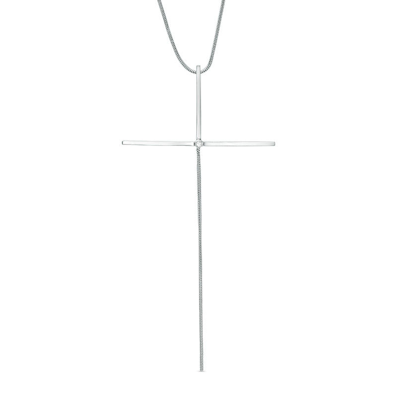 Main Image 1 of Diamond Accent Elongated Cross Pendant in Sterling Silver - 16"