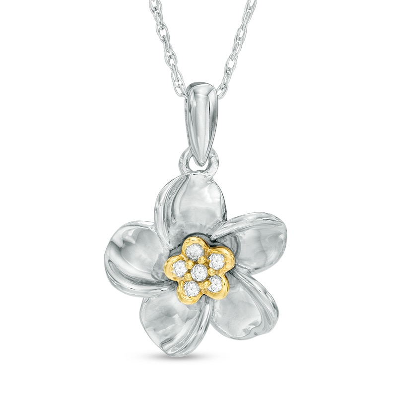 Diamond Accent Pinwheel Flower Pendant in Sterling Silver and 10K Gold