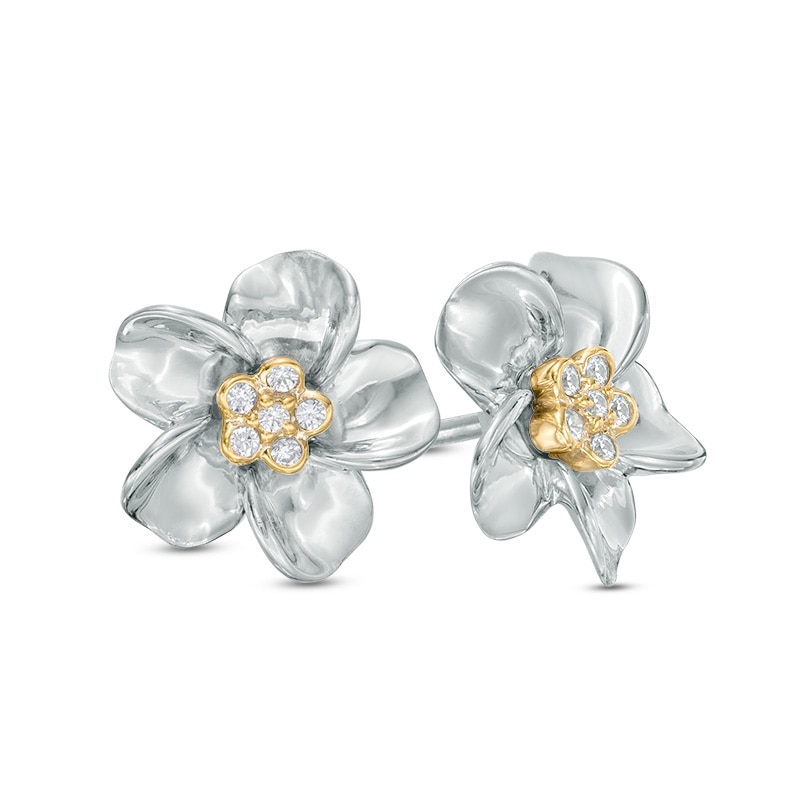 Diamond Accent Flower Pinwheel Stud Earrings in Sterling Silver and 10K Gold