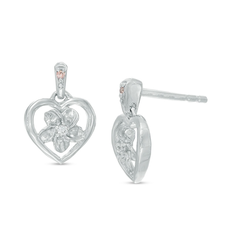 Diamond Accent Heart Frame Flower Drop Earrings in Sterling Silver|Peoples Jewellers