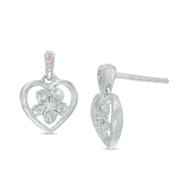 Diamond Accent Heart Frame Flower Drop Earrings in Sterling Silver