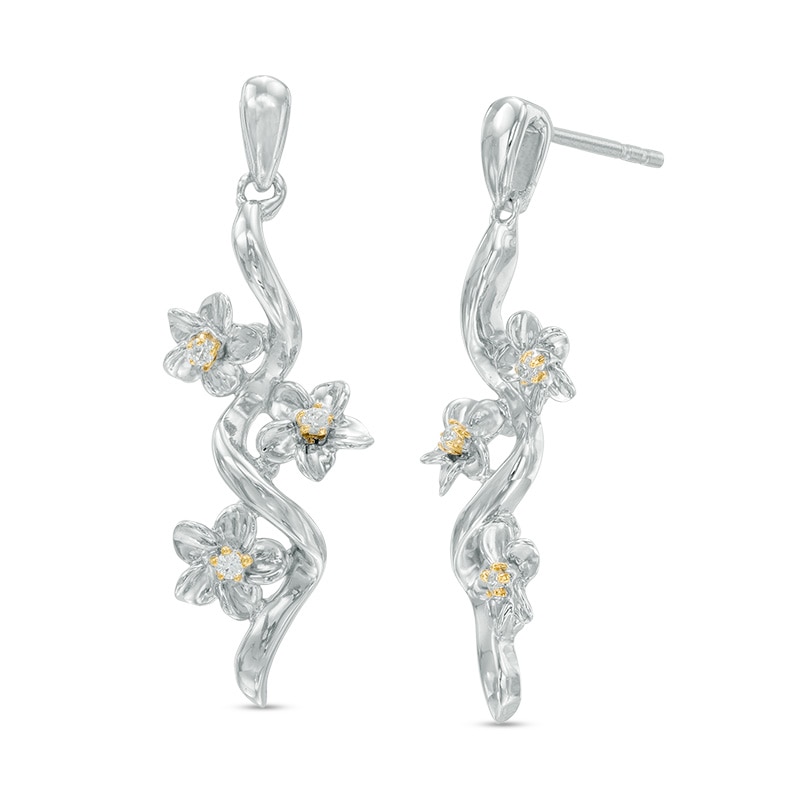 Diamond Accent Triple Pinwheel Flower Drop Earrings in Sterling Silver and 10K Gold