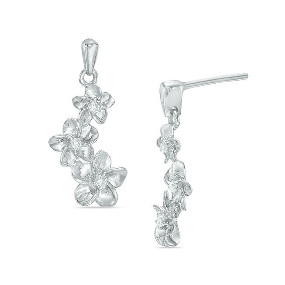Diamond Accent Heart Frame Flower Drop Earrings in Sterling Silver