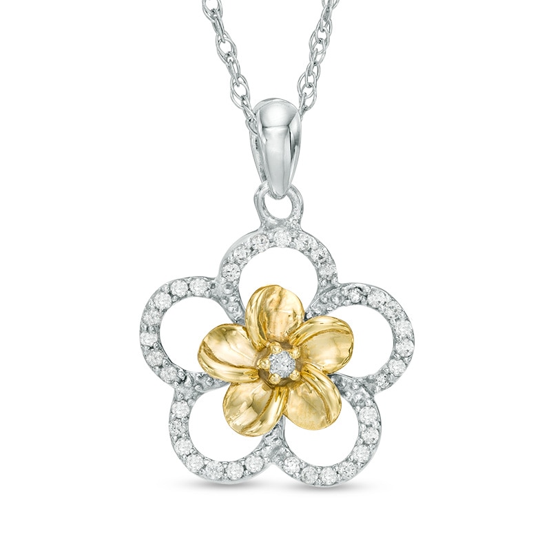 "Flowers of Love" 0.15 CT. T.W. Diamond Double Pinwheel Frame Pendant in Sterling Silver and 10K Gold