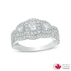 Thumbnail Image 0 of 0.95 CT. T.W. Certified Canadian Diamond Three Stone Frame Engagement Ring in 14K White Gold (I/I2)