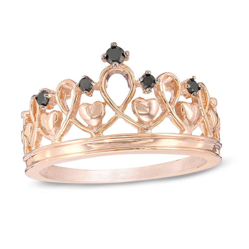 Black Diamond Accent Heart Crown Ring in Sterling Silver with 14K Rose Gold Plate|Peoples Jewellers