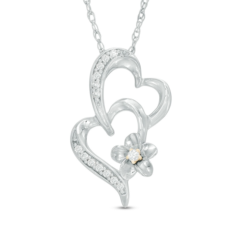 0.09 CT. T.W. Diamond Tilted Double Heart Flower Pendant in Sterling Silver and 10K Gold