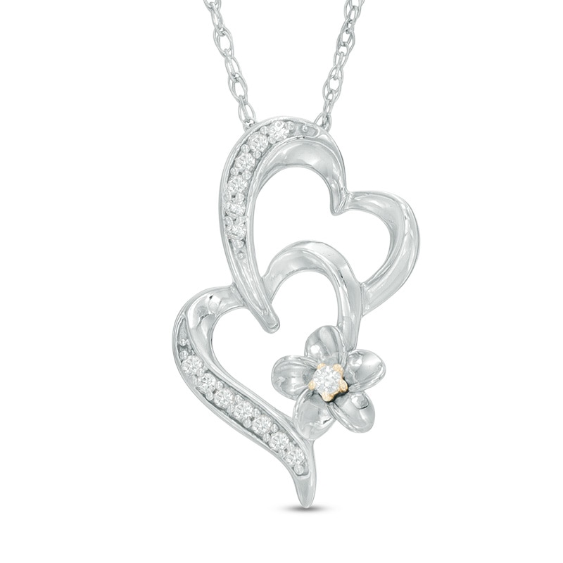 0.09 CT. T.W. Diamond Tilted Double Heart Flower Pendant in Sterling Silver and 10K Gold|Peoples Jewellers