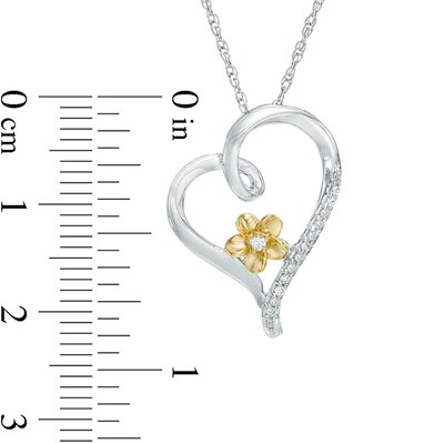 Diamond Accent Tilting Heart Flower Pendant in Sterling Silver and 10K Gold