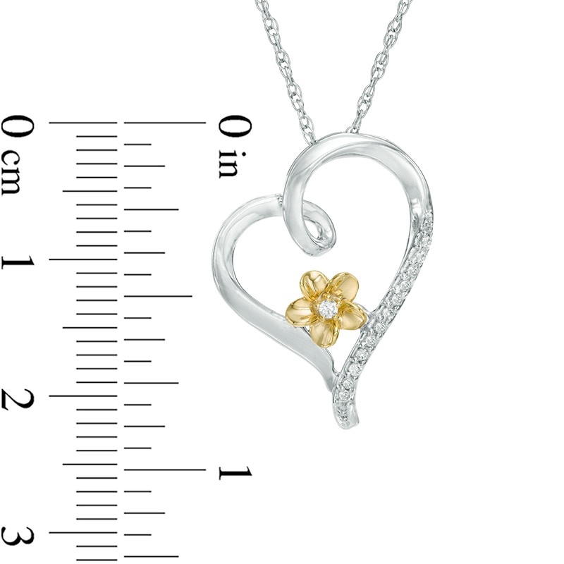 Diamond Accent Tilting Heart Flower Pendant in Sterling Silver and 10K Gold