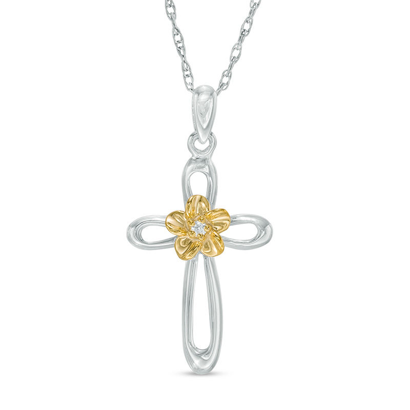 Diamond Accent Looped Cross Flower Pendant in Sterling Silver and 10K Gold|Peoples Jewellers