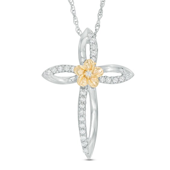 0.23 CT. T.W. Diamond Open Cross Flower Pendant in Sterling Silver and 10K Gold
