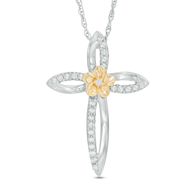 0.23 CT. T.W. Diamond Open Cross Flower Pendant in Sterling Silver and 10K Gold