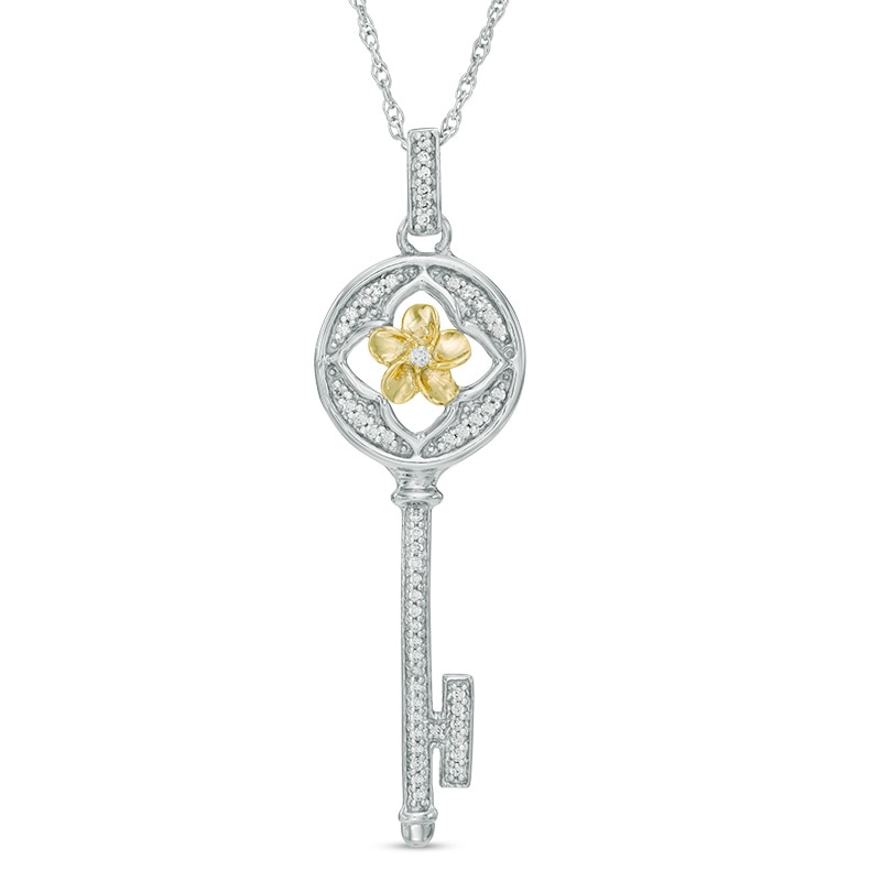 0.18 CT. T.W. Diamond Key Flower Pendant in Sterling Silver and 10K Gold