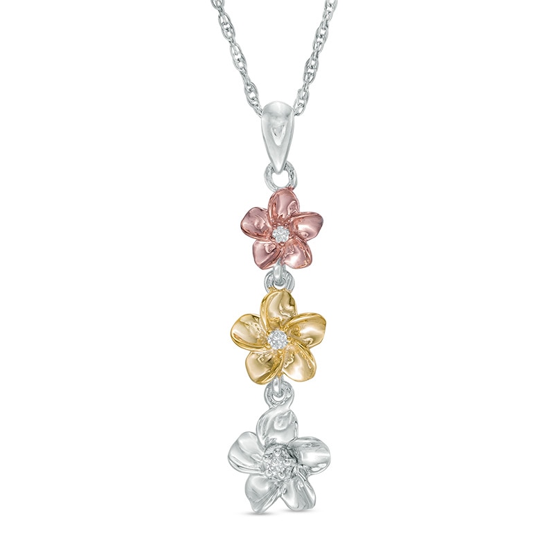 Main Image 1 of Diamond Accent Flower Triple Drop Pendant in Sterling Silver and 10K Two-Tone Gold