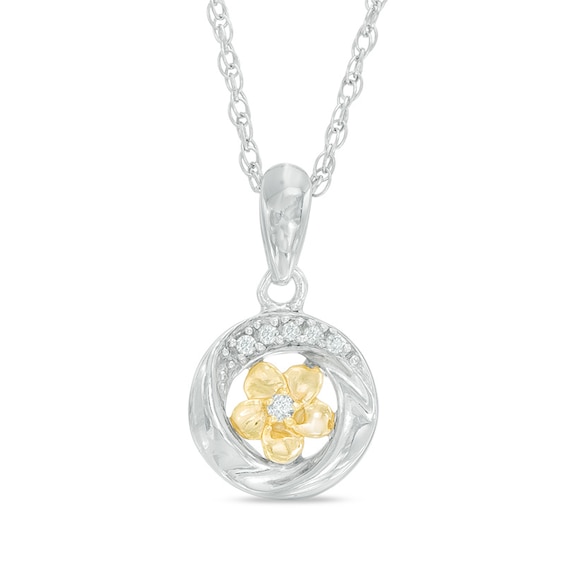 Diamond Accent Twisting Circle Frame Flower Pendant in Sterling Silver and 10K Gold Diamond Accent Twisting Circle Frame Flower Pendant in Sterling Silver and 10K Gold
