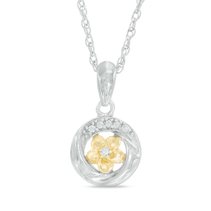 Diamond Accent Twisting Circle Frame Flower Pendant in Sterling Silver and 10K Gold|Peoples Jewellers