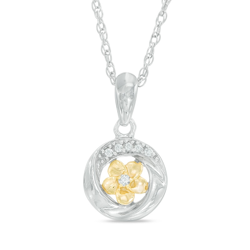 Diamond Accent Twisting Circle Frame Flower Pendant in Sterling Silver and 10K Gold