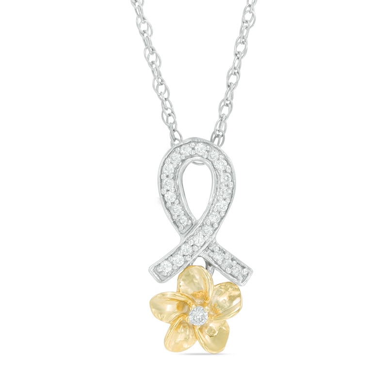 Diamond Accent Ribbon Flower Pendant in Sterling Silver and 10K Gold
