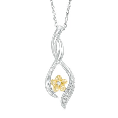 Diamond Accent Twist Ribbon Flower Pendant in Sterling Silver and 10K Gold
