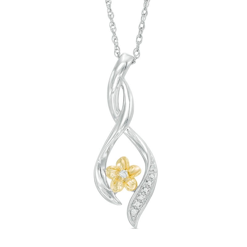 Diamond Accent Twist Ribbon Flower Pendant in Sterling Silver and 10K Gold|Peoples Jewellers