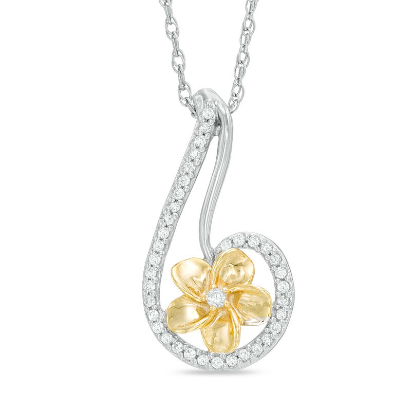 0.15 CT. T.W. Diamond Curved Teardrop Flower Pendant in Sterling Silver and 10K Gold