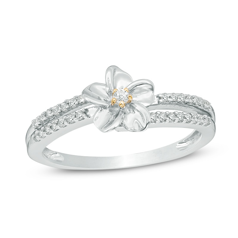 Main Image 1 of 0.18 CT. T.W. Diamond Flower Split Shank Bypass Ring in Sterling Silver and 10K Gold