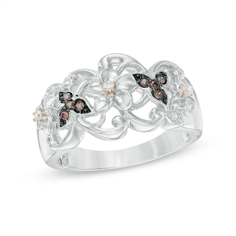 0.09 CT. T.W. Champagne and White Diamond Flower Ring in Sterling Silver and 10K Rose Gold|Peoples Jewellers