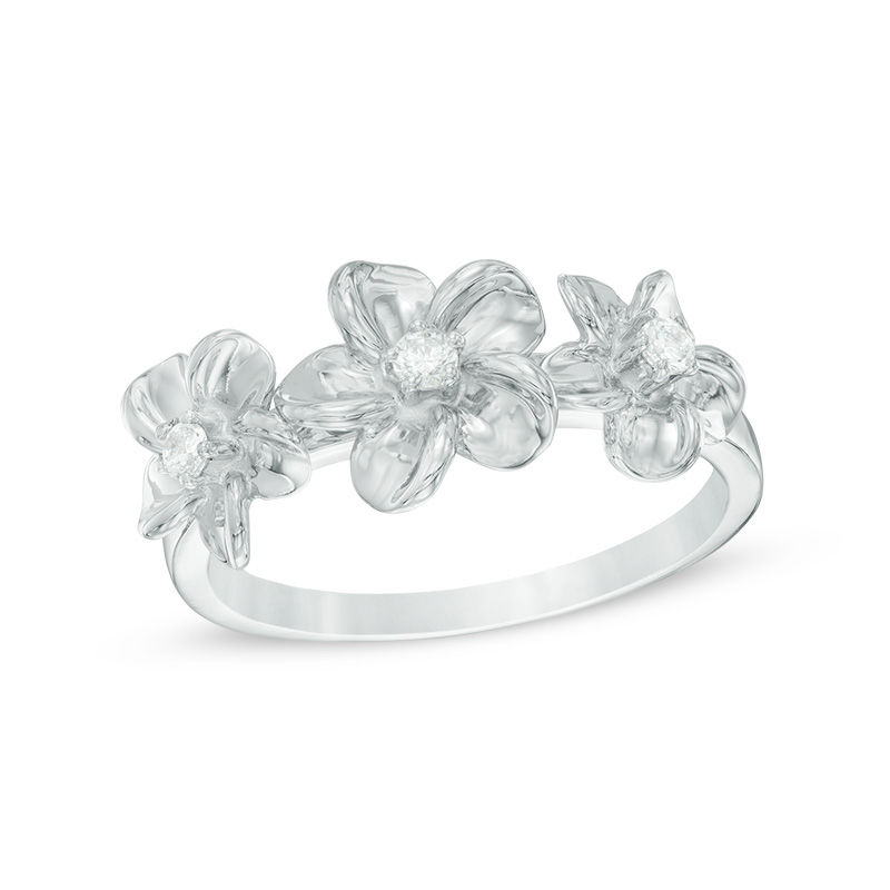 0.09 CT. T.W. Diamond Flower Three Stone Ring in 10K White Gold