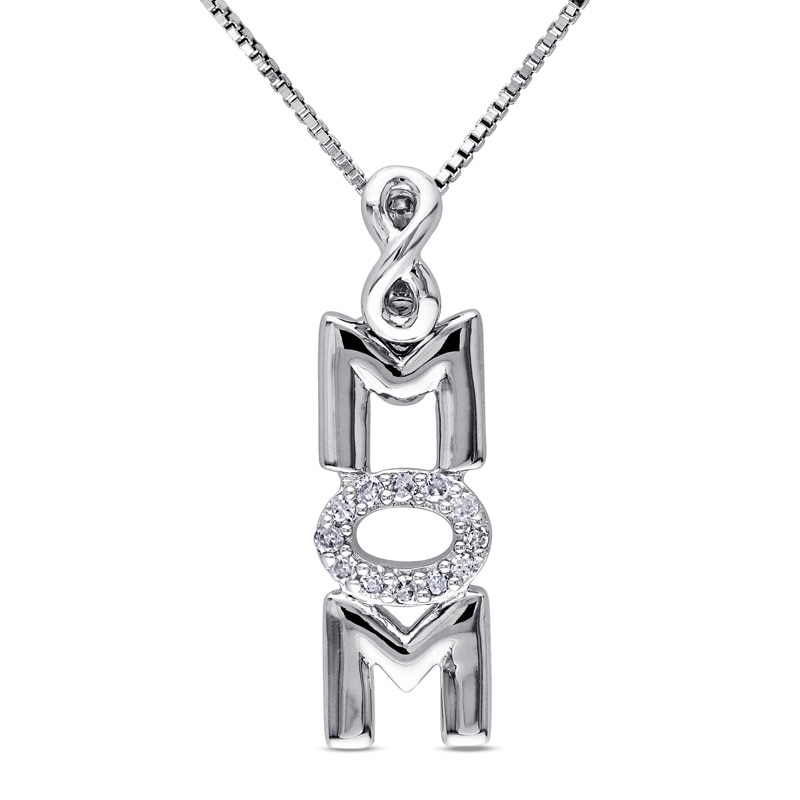 Diamond Accent Vertical "MOM" Infinity Pendant in Sterling Silver
