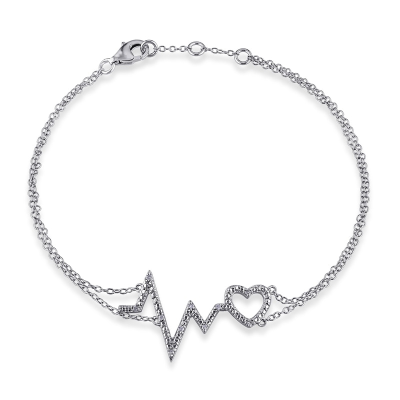 Diamond Accent Heartbeat and Heart Bracelet in Sterling Silver - 7.25"