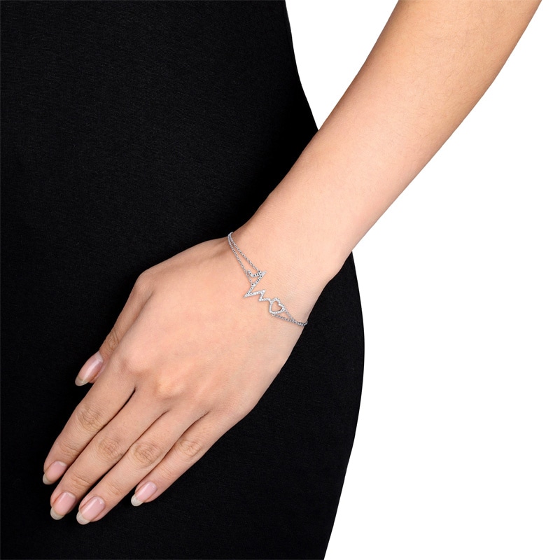 Diamond Accent Heartbeat and Heart Bracelet in Sterling Silver - 7.25"