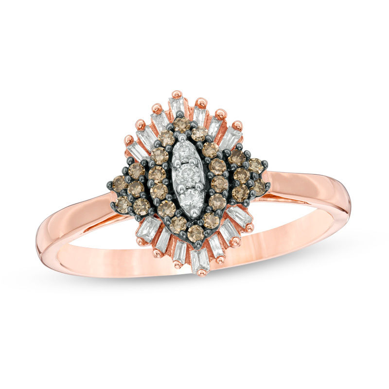 0.25 CT. T.W. Composite Champagne and White Diamond Marquise Sunburst Frame Ring in 10K Rose Gold