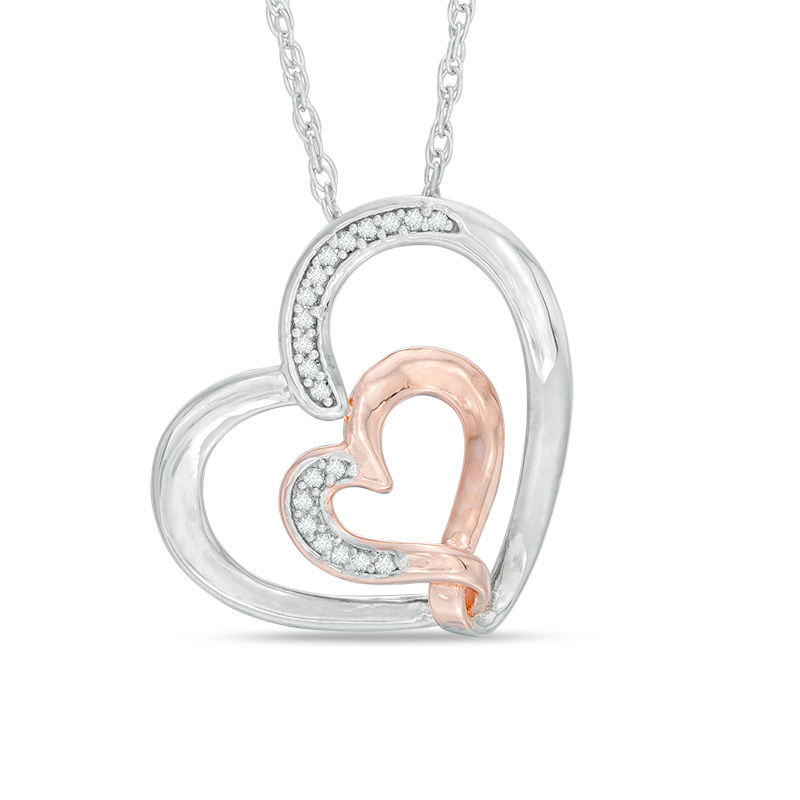0.12 CT. T.W. Diamond Double Heart Pendant in Sterling Silver and 14K Rose Gold Plate