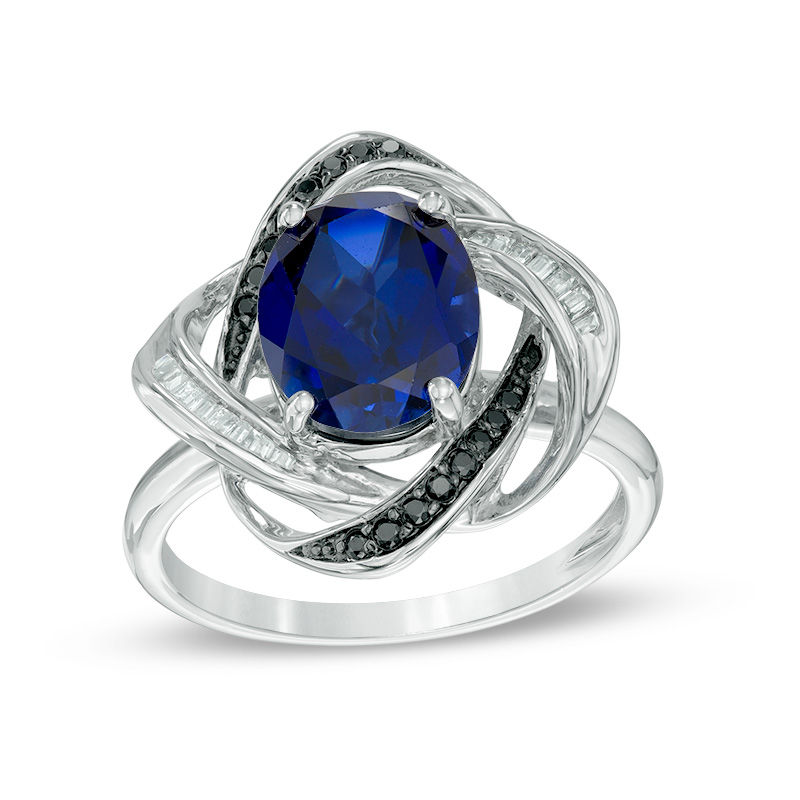 Oval Lab-Created Blue Sapphire and 0.19 CT. T.W. Enhanced Black and White Diamond Orbit Ring in 10K White Gold
