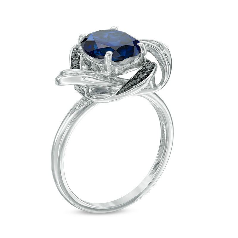 Oval Lab-Created Blue Sapphire and 0.19 CT. T.W. Enhanced Black and White Diamond Orbit Ring in 10K White Gold