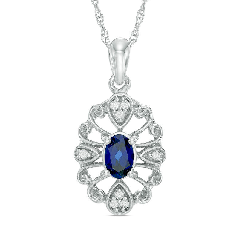 Oval Lab-Created Blue Sapphire and Diamond Accent Vintage-Style Pendant in Sterling Silver|Peoples Jewellers