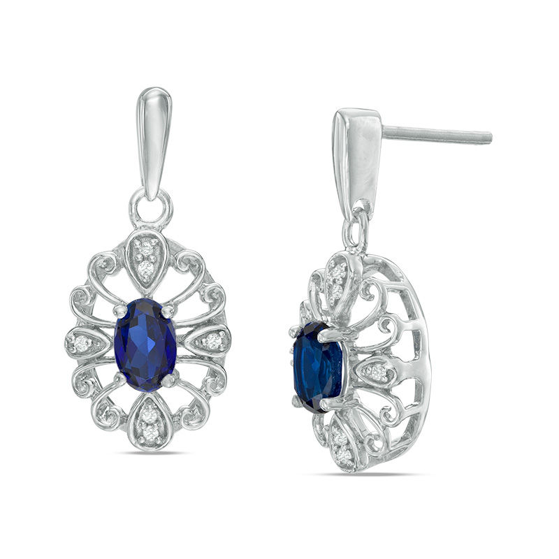 Oval Lab-Created Blue Sapphire and Diamond Accent Vintage-Style Frame Drop Earrings in Sterling Silver