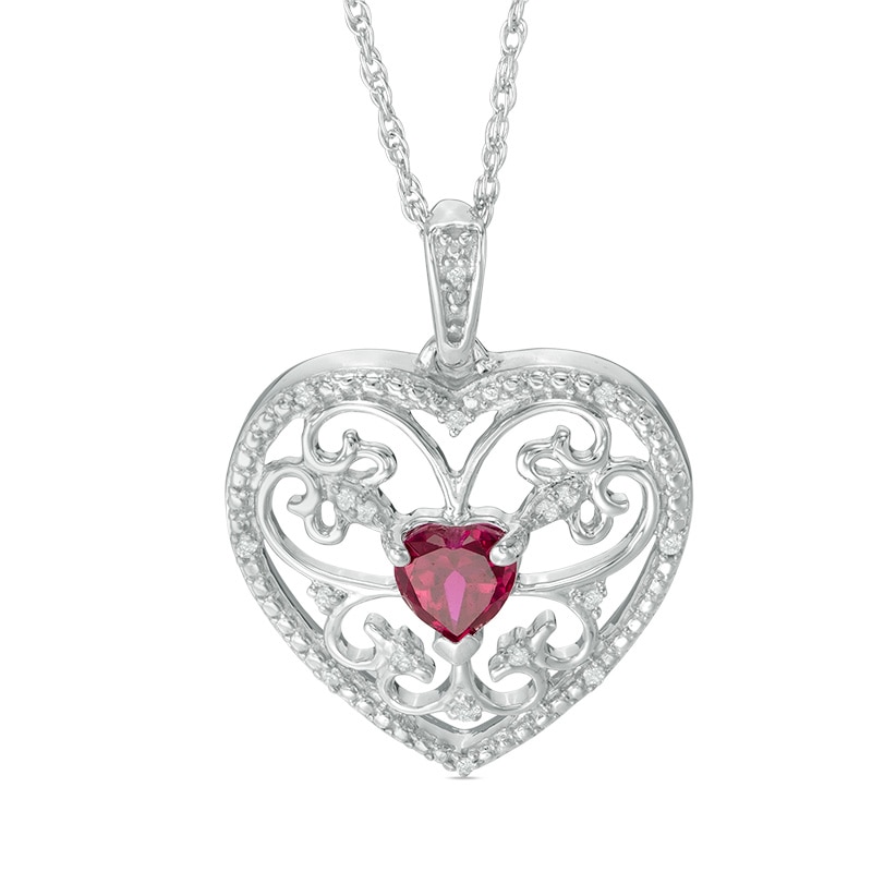 5.5mm Heart-Shaped Lab-Created Ruby and Diamond Accent Scroll Heart Pendant in Sterling Silver