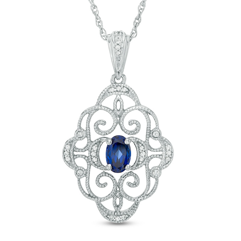 Oval Lab-Created Blue Sapphire and Diamond Accent Vintage-Style Pendant in Sterling Silver|Peoples Jewellers