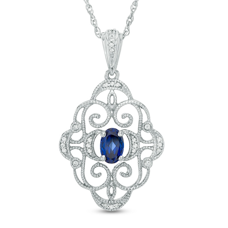 Oval Lab-Created Blue Sapphire and Diamond Accent Vintage-Style Pendant in Sterling Silver