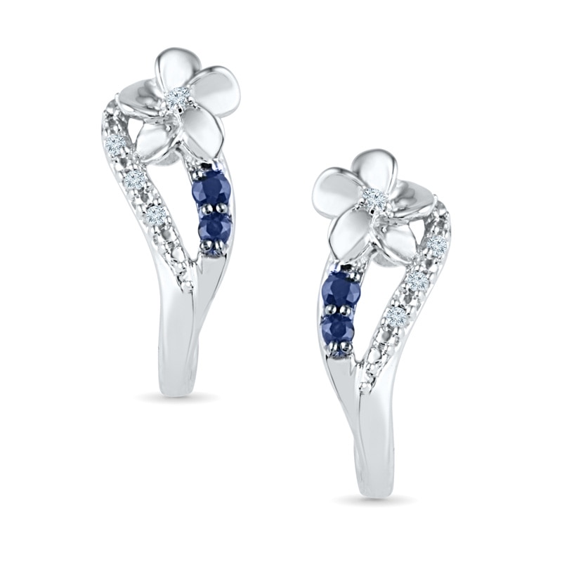 Lab-Created Blue Sapphire and Diamond Accent Flower Drop Earrings in Sterling Silver