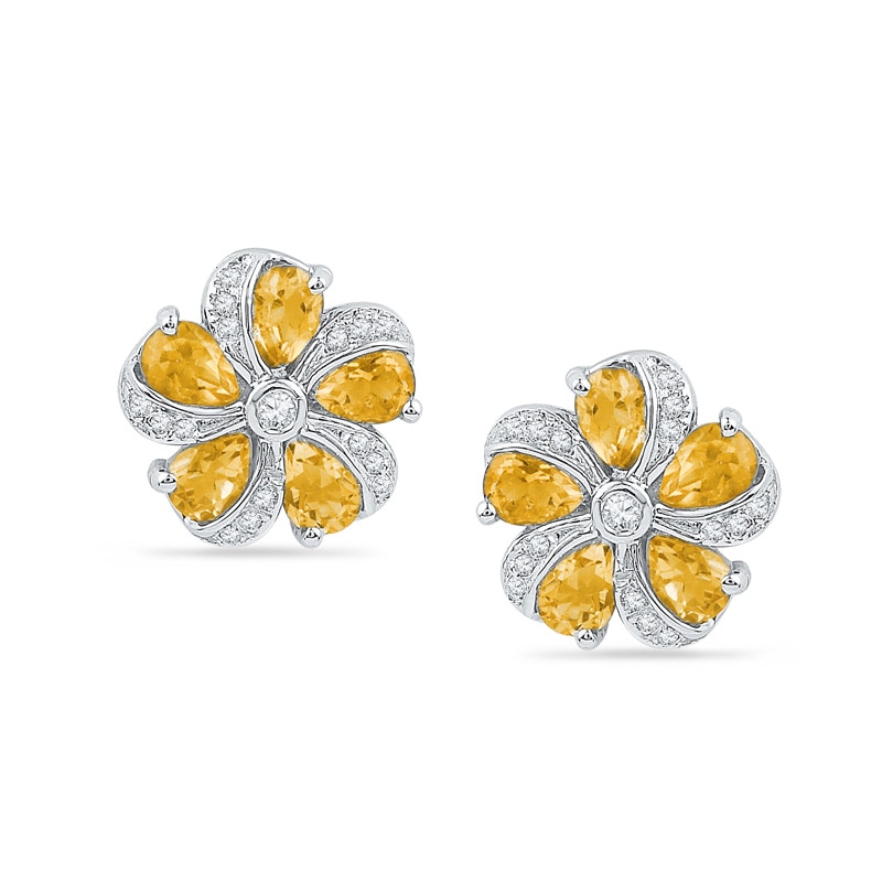 Main Image 1 of Pear-Shaped Citrine and 0.09 CT. T.W. Diamond Pinwheel Flower Stud Earrings in Sterling Silver