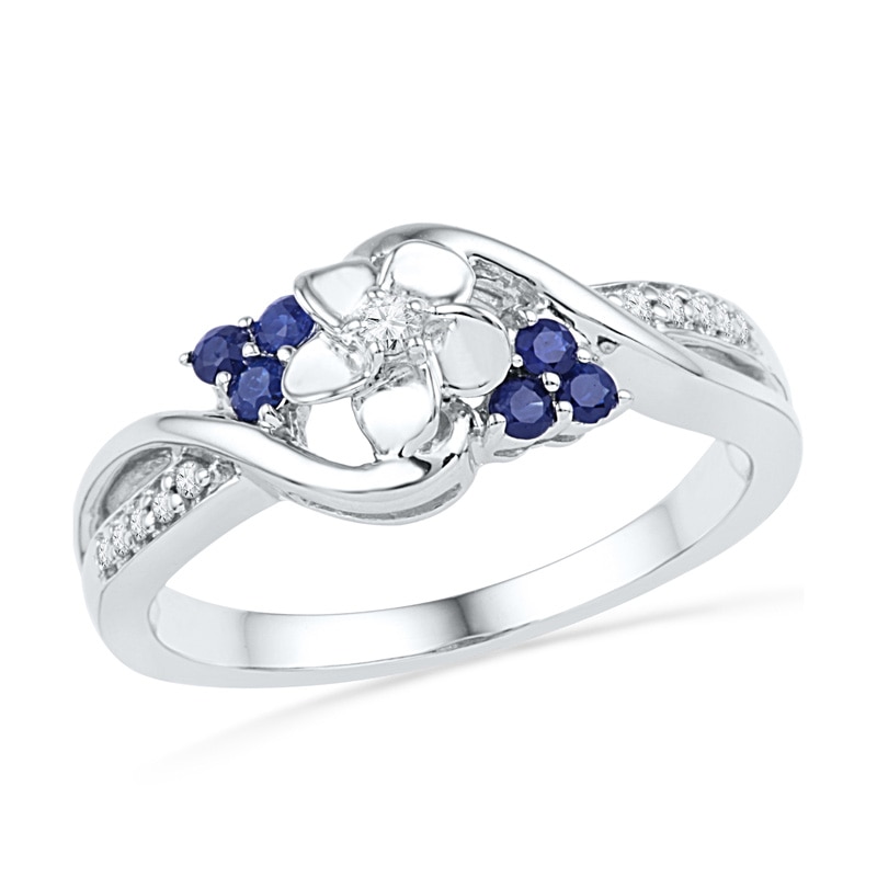Lab-Created Blue Sapphire and Diamond Accent Flower Tri-Sides Bypass Ring in Sterling Silver|Peoples Jewellers