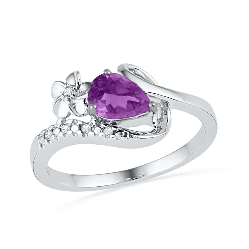 Main Image 1 of Pear-Shaped Amethyst and Diamond Accent Flower Loop Ring in Sterling Silver
