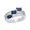 Thumbnail Image 0 of Emerald-Cut Lab-Created Blue Sapphire and 0.11 CT. T.W. Diamond Three Stone Slant Ring in Sterling Silver