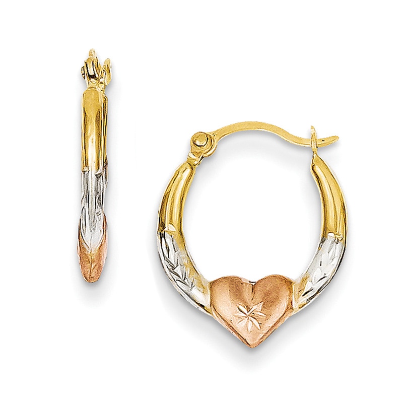 Main Image 1 of Diamond-Cut Heart Hoop Earrings in 14K Tri-Tone Gold